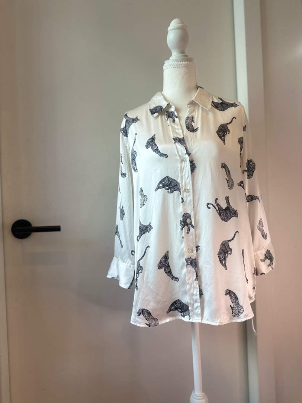 L'AGENCE Cream Embroidered Shirt with Black Leopards